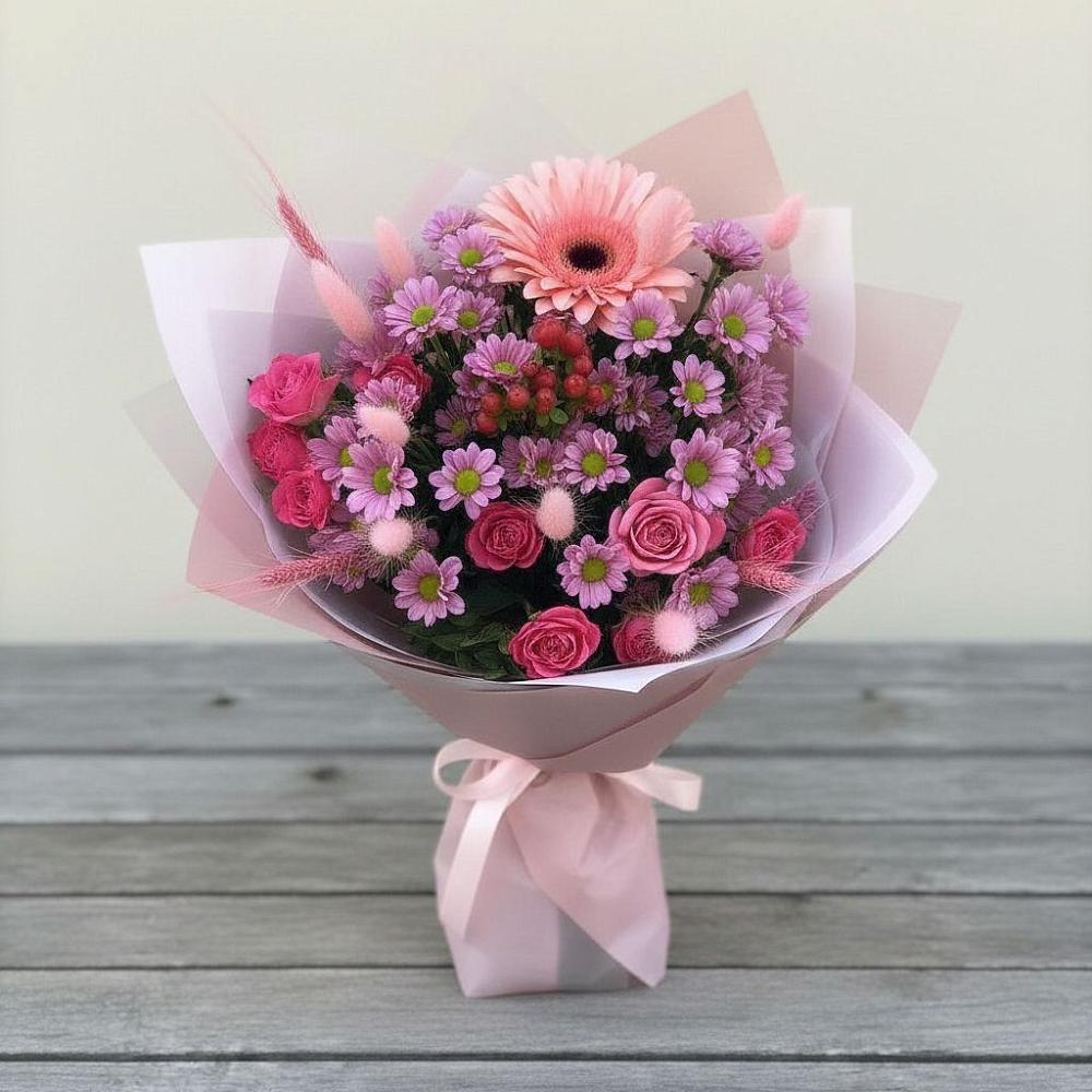 Букет цветов из: Розы, Герберы и Хризантемы в Болычево