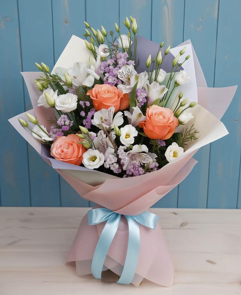 Букет цветов из: Лизиантусы, Розы, Альстромерии и Гипсофила в Болычево