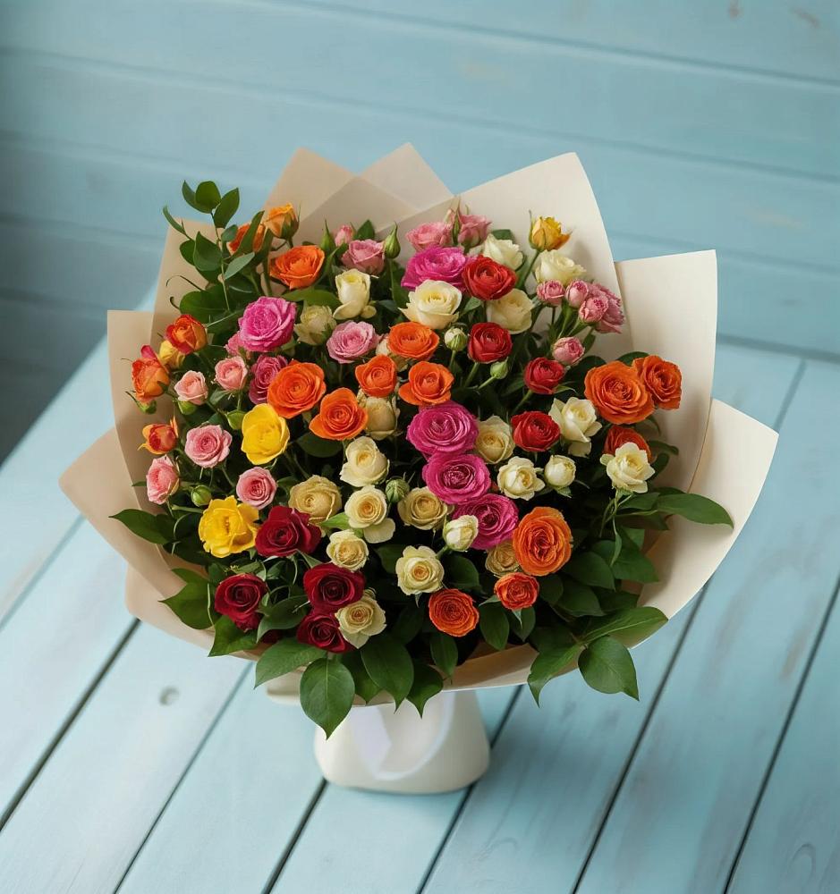 Букет Микс из разноцветных кустовых роз в Болычево