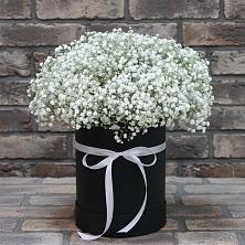 Цветочная композиция из Гипсофила в шляпной коробке в Болычево